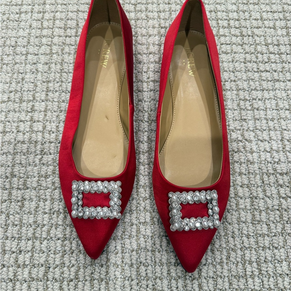 J.Crew Red Satin Flats with Crystal Embellishment